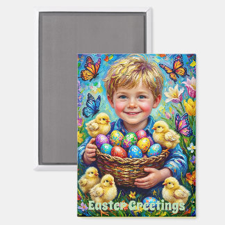 ~ EASTER GREETINGS ~ Child Chicks Eggs ~ Magnet
