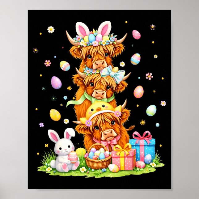 Easter highland cows coquette bow bunny eggs easte poster (Vorne)