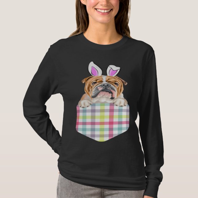 Easter Plaid Bulldog Bunny Dog In Pocket T-Shirt (Vorderseite)