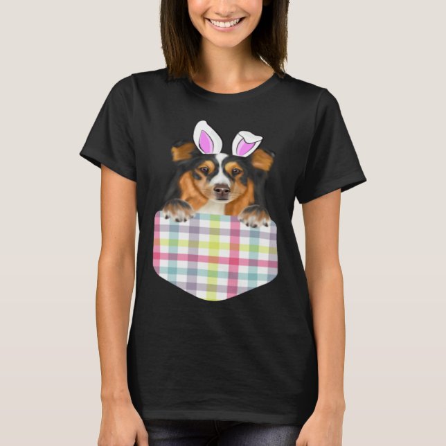 Easter Plaid Shetland Sheepdog Bunny Dog In Pocket T-Shirt (Vorderseite)