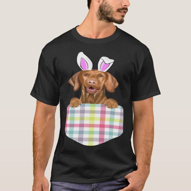 Easter Plaid Vizsla Bunny Dog In Pocket T-Shirt (Vorderseite)
