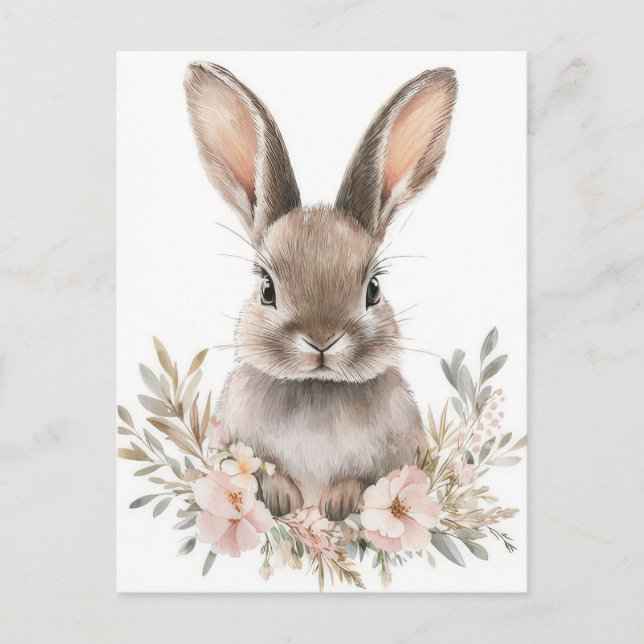 Easter Postcard with Flowers and Easter Bunny Postkarte (Vorderseite)