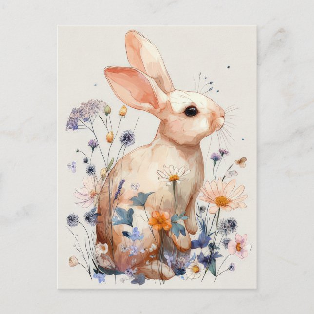 Easter Postcard with Flowers and Easter Bunny Postkarte (Vorderseite)