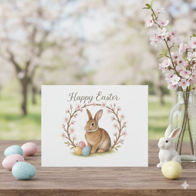Easter Rabbit and Cherry Blossom Wreath  Postkarte (Von Creator hochgeladen)