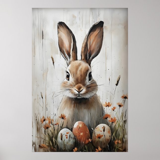 Easter Rabbit Bunny In Flower Print, Rustic Easter Poster (Vorne)
