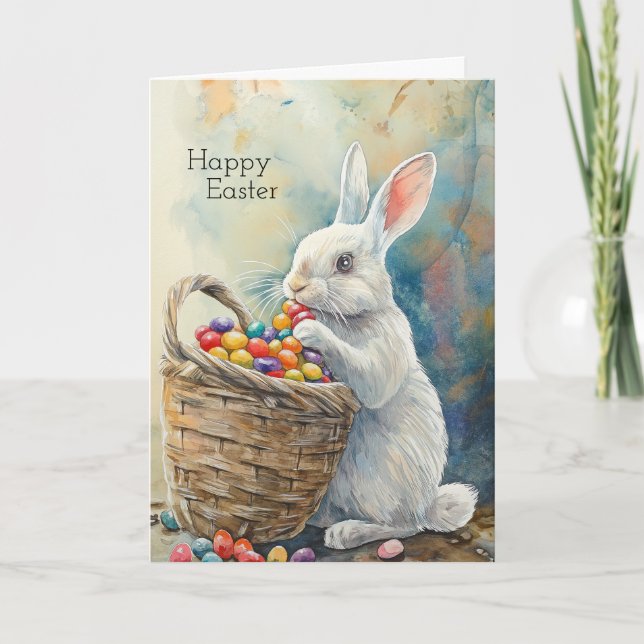 Easter rabbit eats jelly beans watercolor karte (Vorderseite)