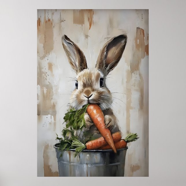 Easter Rabbit In Bucket Of Carrots Print, Spring Poster (Vorne)
