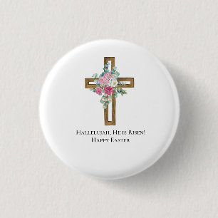 Easter Religious He is Risen Wood Cross Floral Button