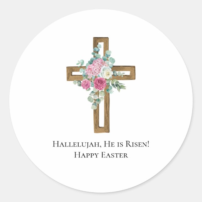 Easter Religious He is Risen Wood Cross Floral Runder Aufkleber (Vorderseite)