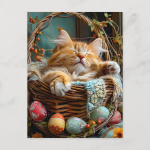 Easter Season Cute Cat Sleeping in Wicker Basket Postkarte