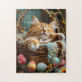 Easter Season Cute Cat Sleeping in Wicker Basket Puzzle