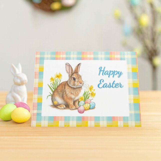  Easter Spring Plaid  Feiertagskarte (cheerful spring plaid Easter card with bunny rabbit and inside message. )