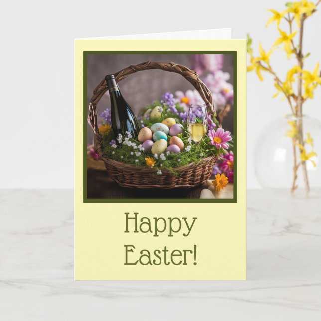 Easter with Basket Eggs Flowers and Wine  Karte (Gelbe Blume)