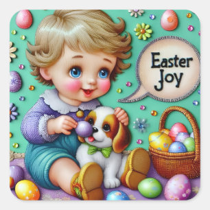 EASTER ~WOW! VINTAGER Junge ~ Quadratischer Aufkleber
