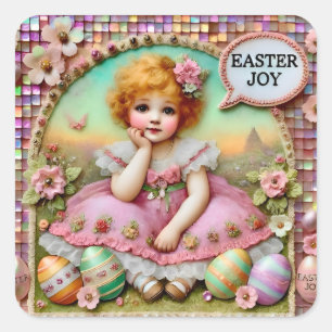 EASTER ~WOW! VINTAGES MÄDCHEN~ QUADRATISCHER AUFKLEBER
