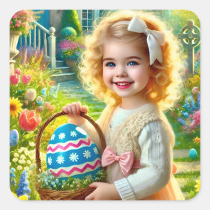 EASTER ~WOW! VINTAGES MÄDCHEN~ QUADRATISCHER AUFKLEBER
