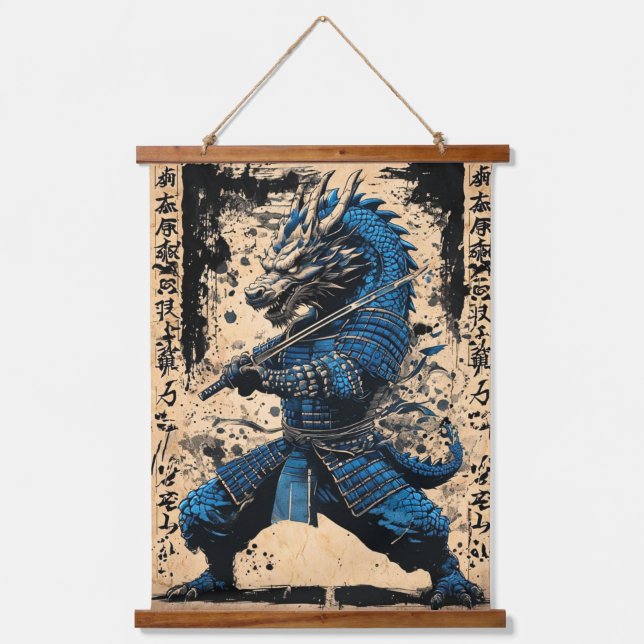 Eastern Blue Dragon Samurai Warrior - Japanischer  Wandteppich Mit Holzrahmen (Vorderseite)