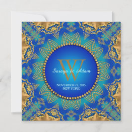 Eastern Blue Gold Satin Lace Monogram Einladung