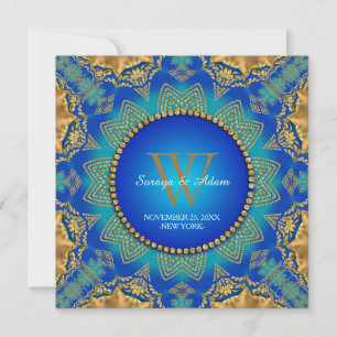 Eastern Blue Gold Satin Lace Monogram Einladung
