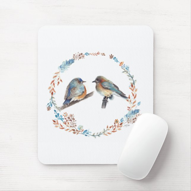 Eastern Bluebird Couple Floral Wreath Mousepad (Mit Mouse)