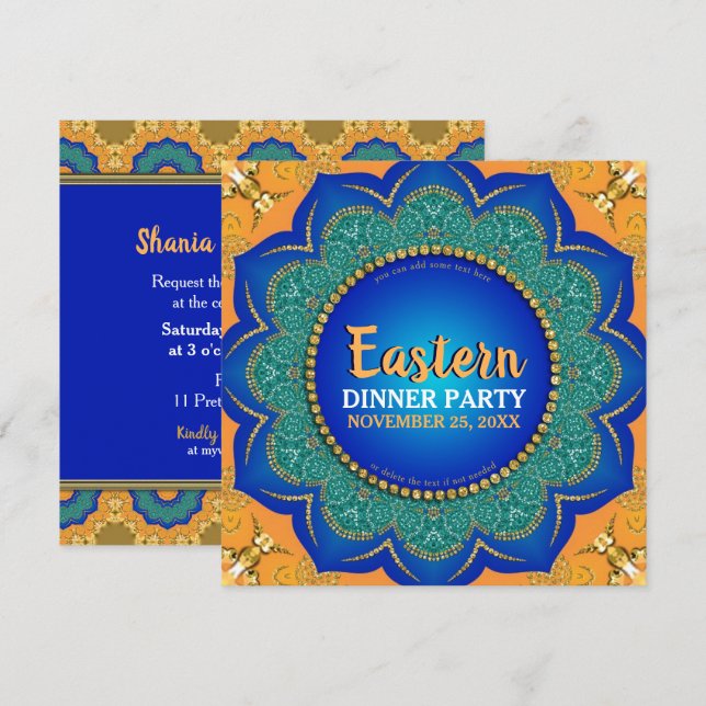 Eastern Spice Orange Royal Blue Gold Dinner Party Einladung (Vorne/Hinten)