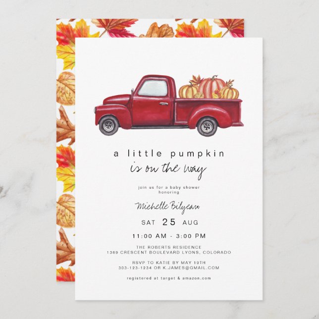 Easton - Red Truck Fall Pumpkin Baby Shooter Einladung (Vorne/Hinten)