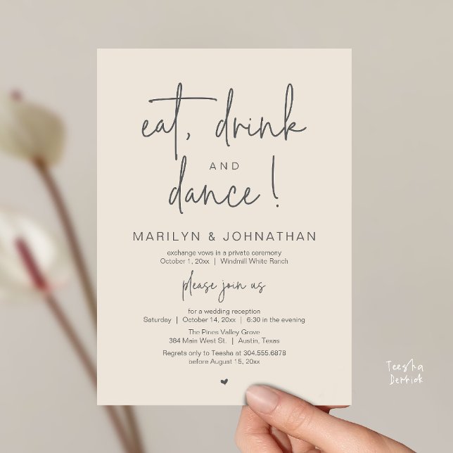 Eat, Drink and Dance, Modern Wedding Reception Einladung (Eat, Drink and Dance, Modern Wedding Reception Dinner Party Invitation Card in cream grey)