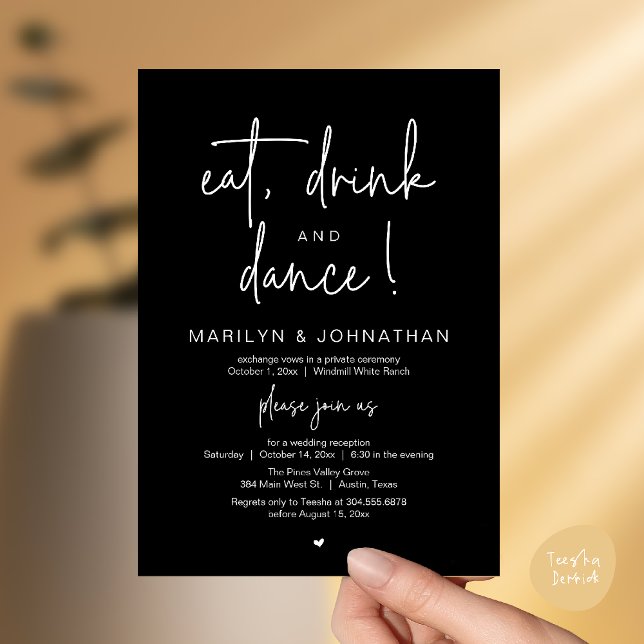 Eat, Drink and Dance, Modern Wedding Reception Einladung (Eat, Drink and Dance, Modern Wedding Reception Dinner Party Invitation Card in black and white)