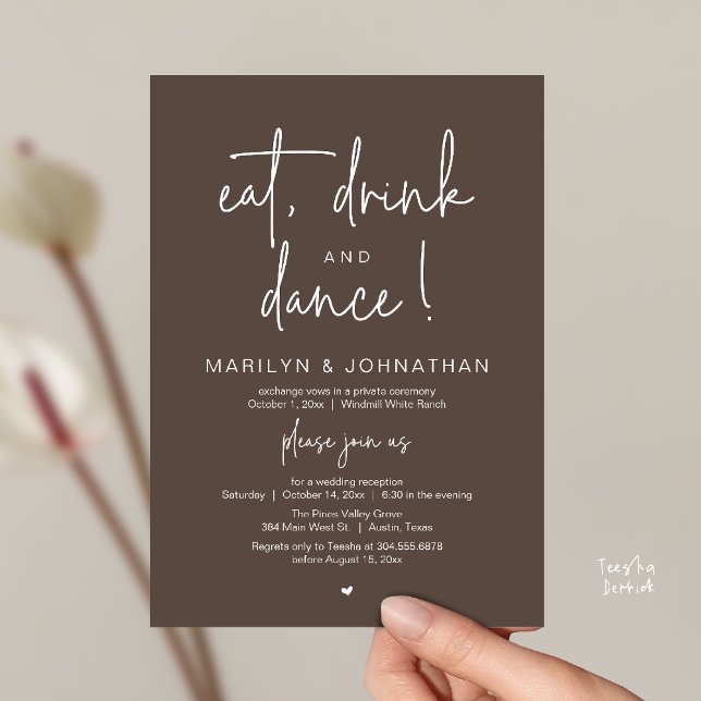 Eat, Drink and Dance, Modern Wedding Reception Einladung (Eat, Drink and Dance, Modern Wedding Reception Dinner Party Invitation Card in dark taupe brown)