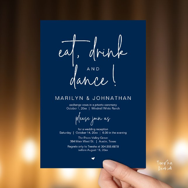 Eat, Drink and Dance, Modern Wedding Reception Einladung (Eat, Drink and Dance, Modern Wedding Reception Dinner Party Invitation Card in navy blue)
