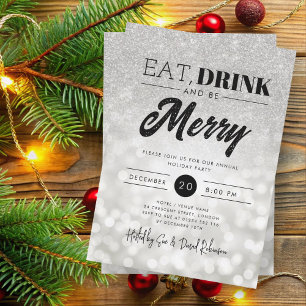 Eat Drink B Merry Silver Bokeh Holiday Xmas Party Einladung