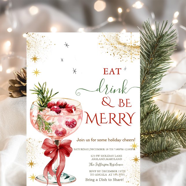 Eat Drink & Be Merry Cocktail Red Bow Invitation Einladung (Von Creator hochgeladen)