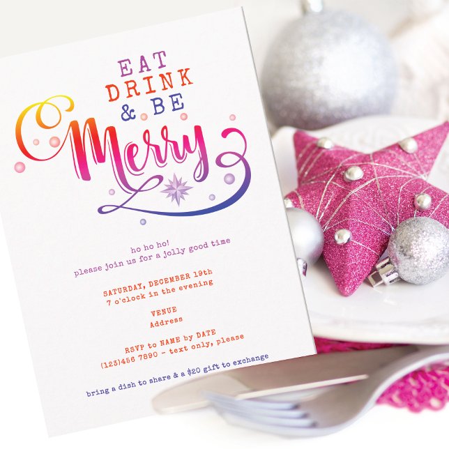 Eat Drink Be Merry Pink Christmas Potluck Einladung (Pink Eat Drink and Be Merry Christmas Potluck Invitation for Church Family Office Xmas Parties)