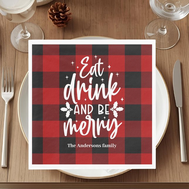Eat Drink & Be Merry Red Buffalo Plaid Christmas  Serviette (Von Creator hochgeladen)