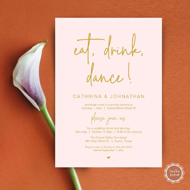 Eat, Drink, Dance, Elegant Gold Blush Elopement Einladung (Eat, Drink, Dance Elegant Wedding Elopement Dinner Invitation Card in Blush and Gold)