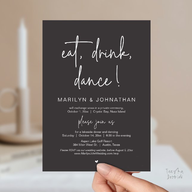 Eat, Drink, Dance, Wedding Elopement Dinner Party  Einladung (Eat, Drink, Dance, Wedding Elopement Dinner Party Invitation Card in Charcoal Grey)
