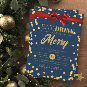 Eat Drink Gold Navy Glitzer Holiday Xmas Bow Einladung
