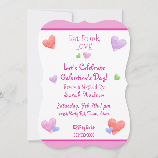 EAT DRINK LOVE Galentines Fun Watercolor Hearts Einladung (Vorderseite)