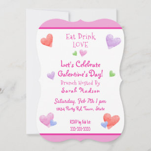 EAT DRINK LOVE Galentines Spaß Wasserfarbe Herzen Einladung