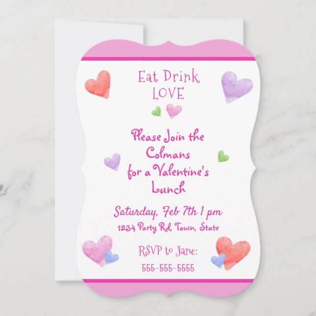 EAT DRINK LOVE Valentines Fun Watercolor Hearts Einladung (Vorderseite)