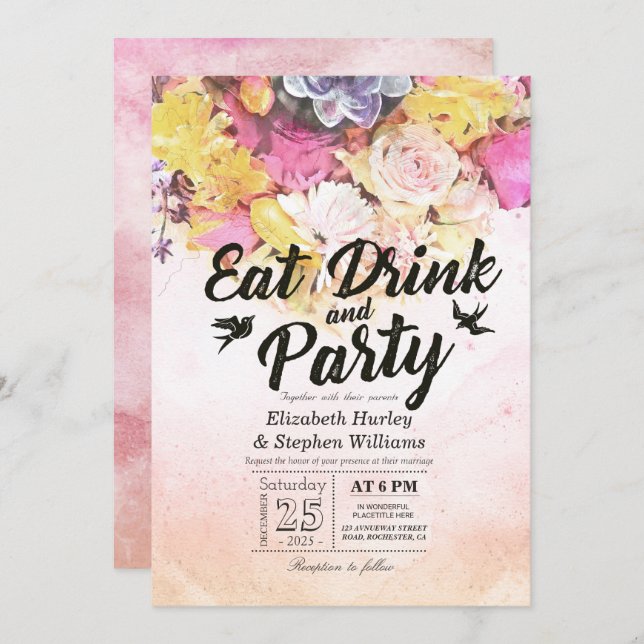 EAT Drink & Party Moderne Blume Wasserfarbe Hochze Einladung (Vorne/Hinten)