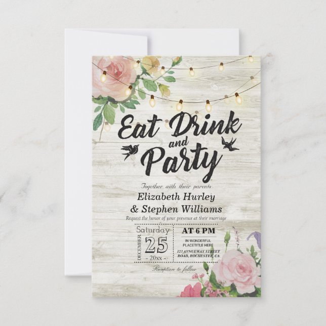 EAT Drink Party Rustikale Blumenstrauß Hochzeit Einladung (Vorderseite)