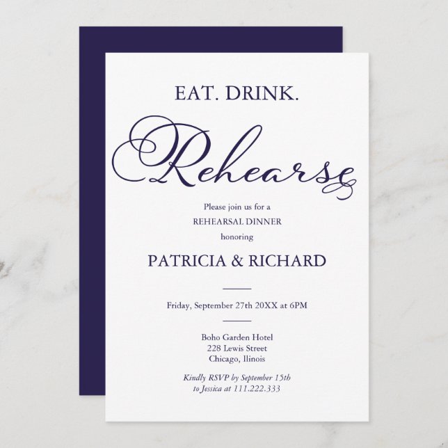 Eat Drink Rehearse Elegantes Script Probe Dinner Einladung (Vorne/Hinten)