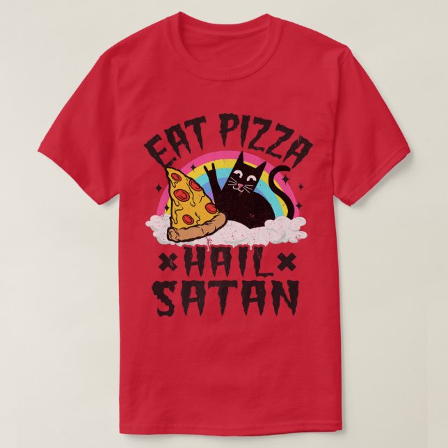 Eat Pizza Hail Satan Cat Punk Rock Band Death Meta T-Shirt (Design vorne)