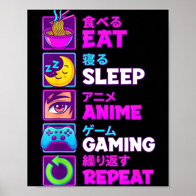 Eat Sleep Anime Gaming Repeat Kawaii Otaku Anime M Poster (Vorne)