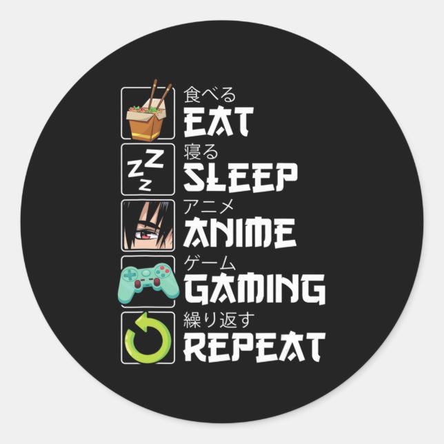 Eat Sleep Anime Gaming Repeat Kawaii Otaku Anime Runder Aufkleber (Vorderseite)