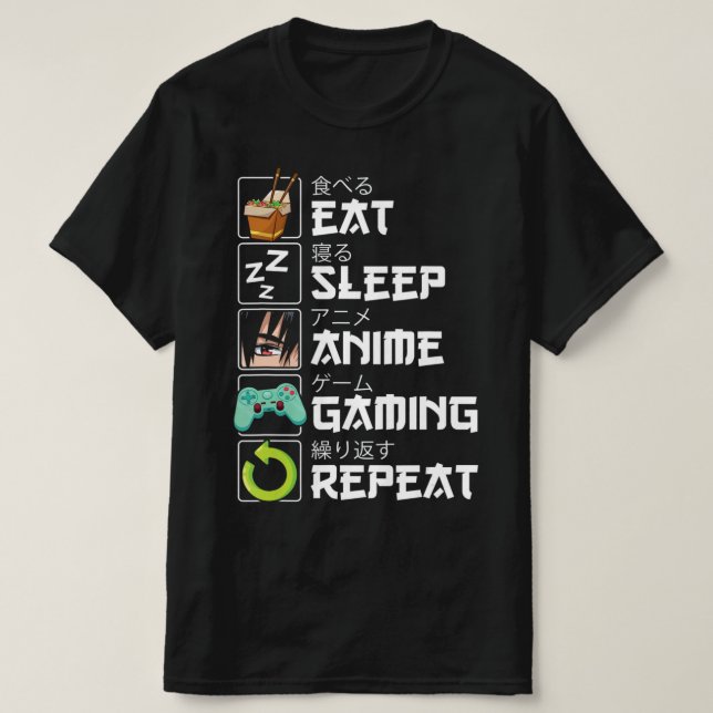 Eat Sleep Anime Gaming Repeat Kawaii Otaku Anime T-Shirt (Design vorne)