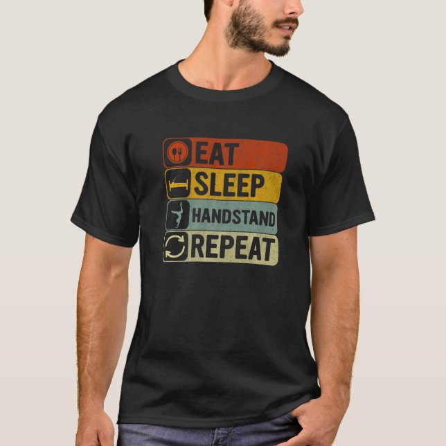 Eat Sleep Handstand Repeat Retro 60s 70s Yoga T-Shirt (Vorderseite)