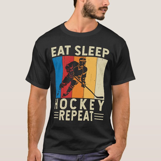 Eat Sleep Hockey Wiederholung Funny Hockey Spieler T-Shirt (Vorderseite)