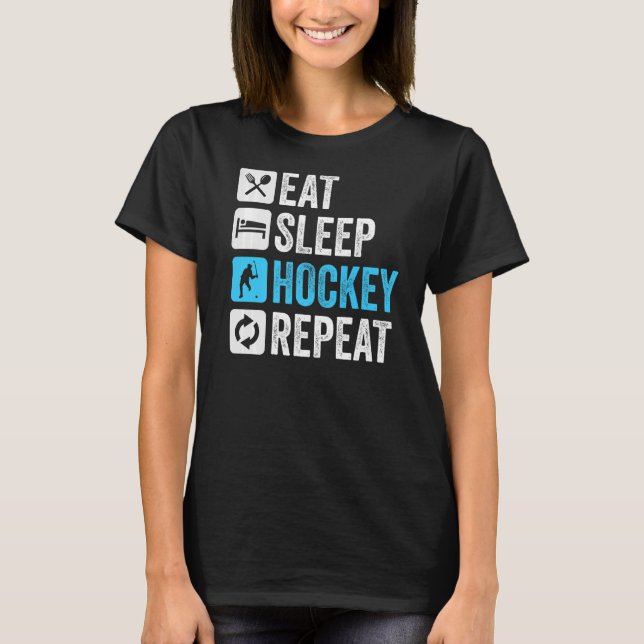 Eat Sleep Hockey Wiederholung lustiges Retro Vinta T-Shirt (Vorderseite)